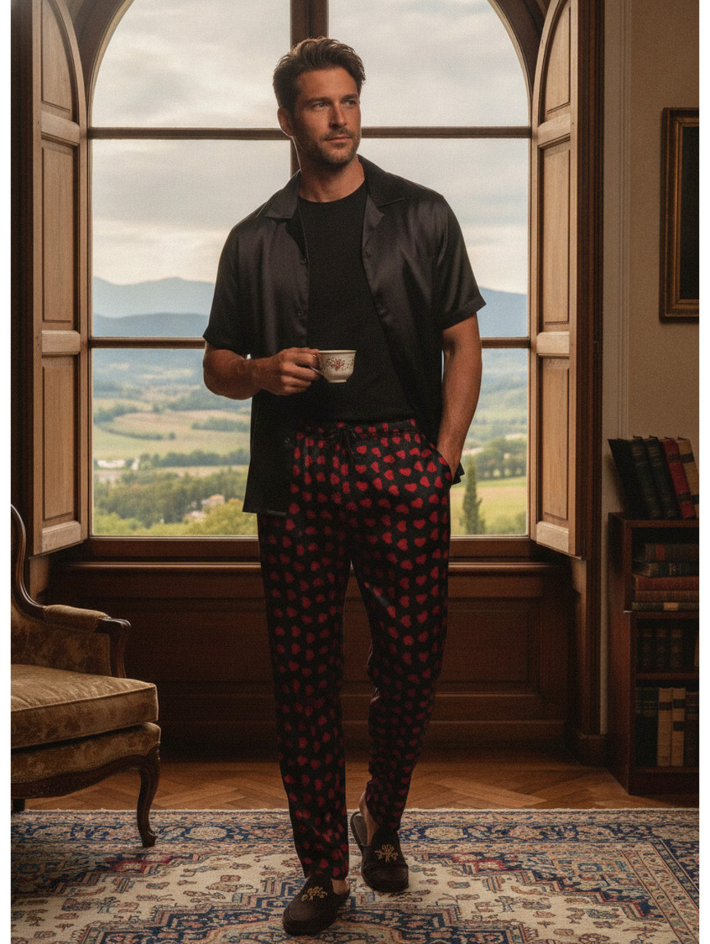 Stafford 100% silk quiet luxury loungewear heart Hugh Hefner large lounge pants